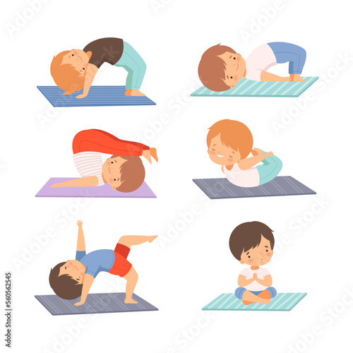 Cute kids doing yoga set. Little boys and girls practicing different poses. Early development and healthy lifestyle cartoon vector illustration