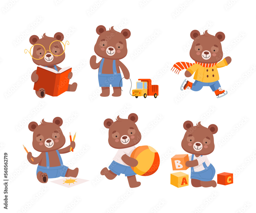 Cute baby character in differents activities set. Funny bear reading book, playing toys, skating and drawing cartoon vector illustration Cute baby character in differents activities set. Funny bear reading book, playing toys, skating and drawing cartoon vector illustration