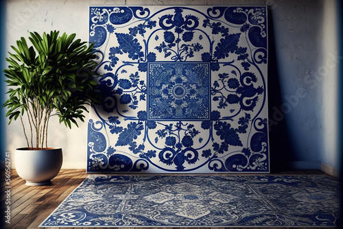 tile flooring. ancient wallpaper indigo and blue. Print on a ceramic floor. vibrant Azulejos textile. old fashioned illustration Mexican old world mosaic wall covering. a beautiful interior