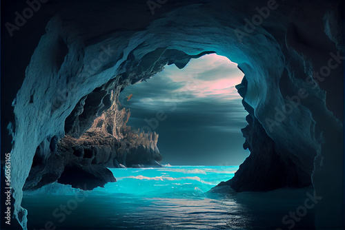 Cave in the ocean with blue...