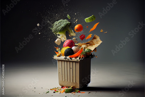 Food in perfect state in a dumpster, representing food waste, generative ia