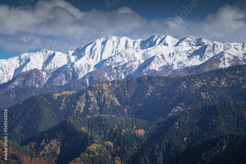 autumn landscape in the mountains, view of the snowy peaks © vadimborkin