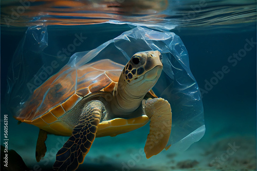 Sea turtle trapped by a plastic bag under the sea  generative AI