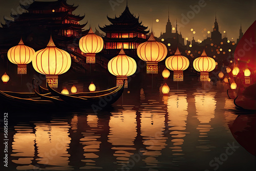 Lantern Festival, asian lanterns floating and flying over water. Generative AI
