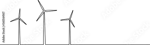 wind power one line art, single continuous line art wind generator, green energy electricity, windmill tower, black line illustration, horizontal design element