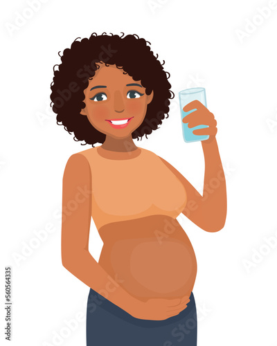 Young pregnant African woman drink a glass of water