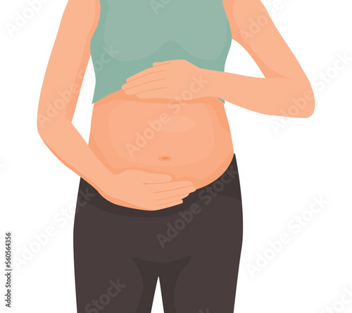 Young pregnant woman touching her big belly