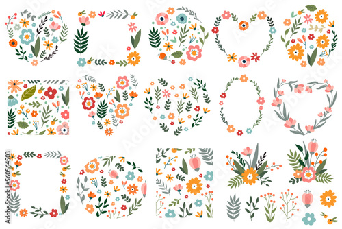 Flower shapes flat icons set. Frame floral designs. Cute cartoon blossom blooming. Wildflowers on geometric figures
