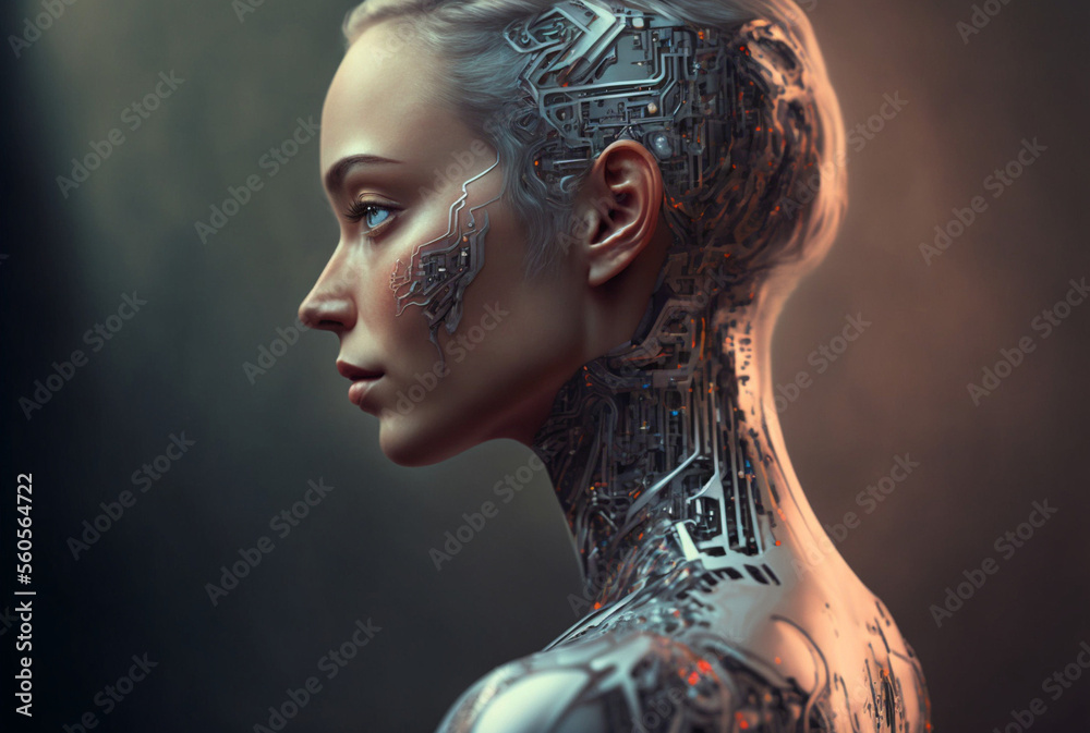 a woman halfrobot or a humanoid android with artificial intelligence
