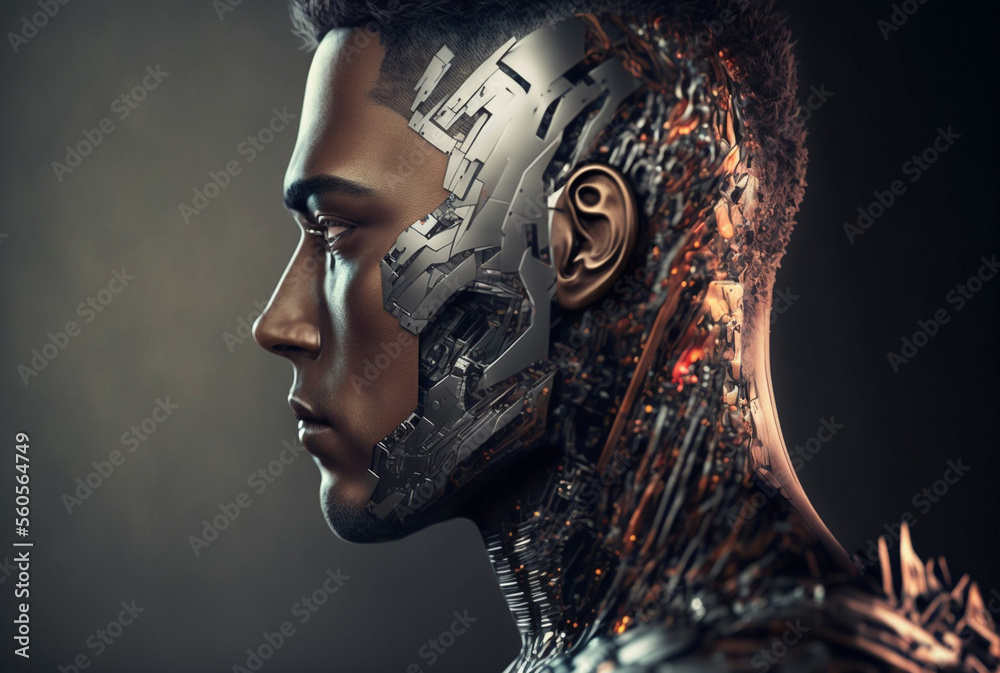 a young attractive man as half-robot or a humanoid android with artificial intelligence parts or a technological upgrade as human evolution, mechanical body parts. Generative AI - obrazy, fototapety, plakaty 