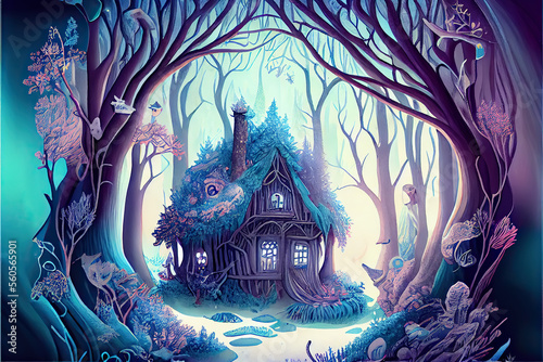 An magical fairy tale forest with house. The towering trees of this mythical realm are like something out of a storybook. 