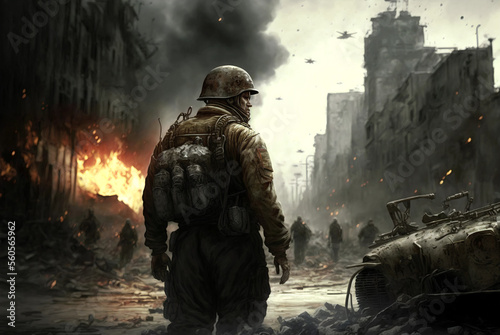 Modern Soldier in apocalyptic war scene AI Generative
