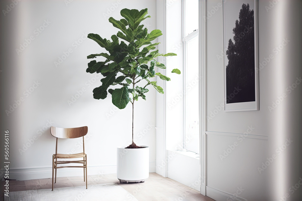 Fiddle Leaf Fig plant in a minimalist white room illustration made with Generative AI Fiddle Leaf Fig plant in a minimalist white room illustration made with Generative AI