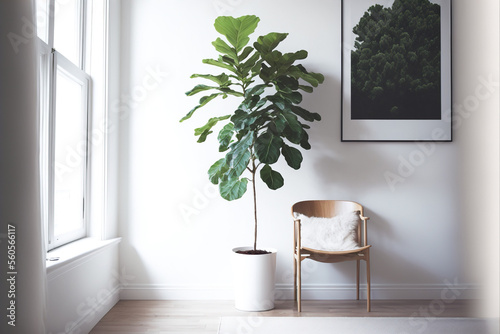 Fiddle Leaf Fig plant in a minimalist white room illustration made with Generative AI photo