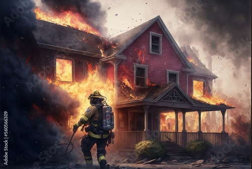 A Fireman Company Putting Down a Dangerous Domestic Fire With High Effort In a Very Active and Intense Illustration
