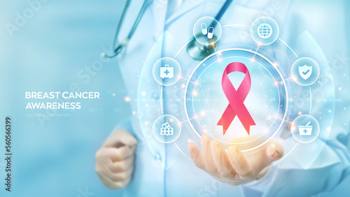 Breast Cancer Awareness Month. Doctor holding in hand the pink ribbon breast cancer awareness symbol. Healthcare, International Women day and World cancer day medical concept. Vector illustration.