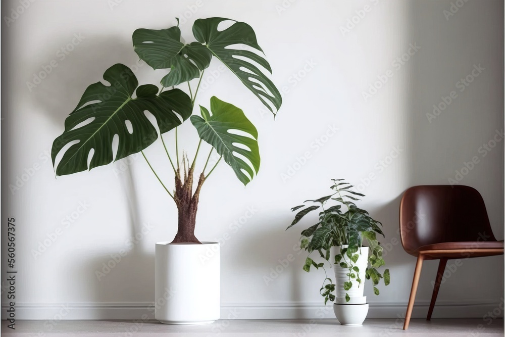Philodendron Gloriosum plant in a minimalist white room illustration made with Generative AI