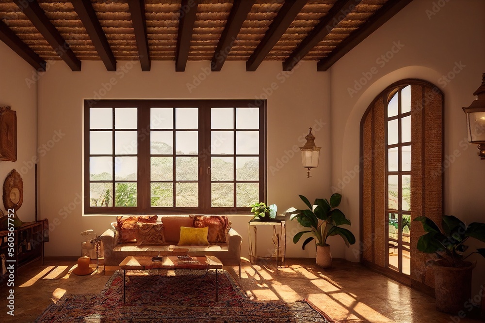 Spanish Style Living Room Interior with Open Door Made with Generative AI