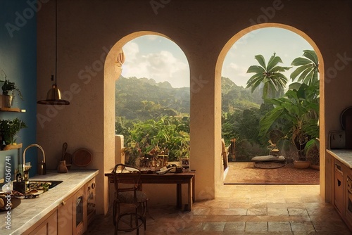 Spanish Villa Interior with Jungle Views and Modern Kitchen Made with Generative AI