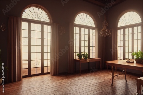 Arch Window Interior with Desk and Plants Made with Generative AI