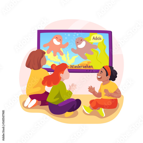 Watching cartoon in foreign language isolated cartoon vector illustration.