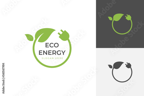 Renewable logo with green energy saving icon design. Electrical charge leaf and power plug sign design concept. Sustainable logo design