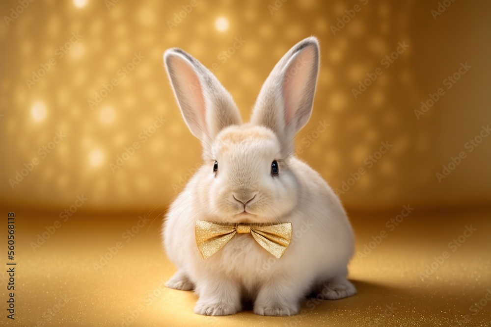 Obraz premium A cute rabbit wears a fancy hat in a studio background. Created with generative AI technology and Photoshop.