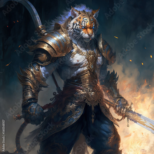 Humanoid tiger beast warrior. Role-playing game illustration. Generative AI.