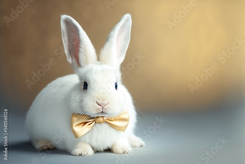 A cute rabbit wears a fancy hat in a studio background. Created with generative AI technology and Photoshop.