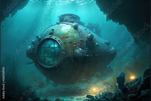 Steampunk submarine exploring the sea bed.