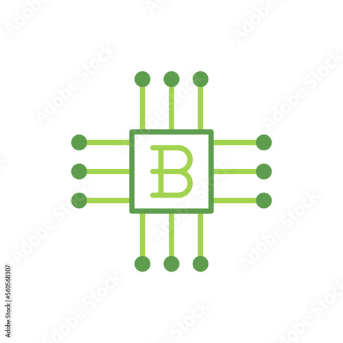 Bitcoin technology icon with green duotone style. Computing, diagram, download, file, folder, graph, laptop . Vector illustration