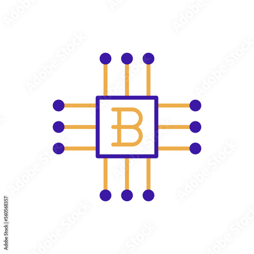 Bitcoin technology icon with purple and orange duotone style. Computing, diagram, download, file, folder, graph, laptop . Vector illustration