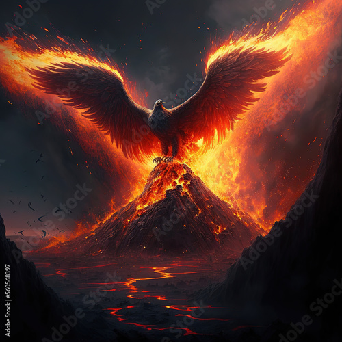 A phoenix rising from an erupting volcano. Generative AI