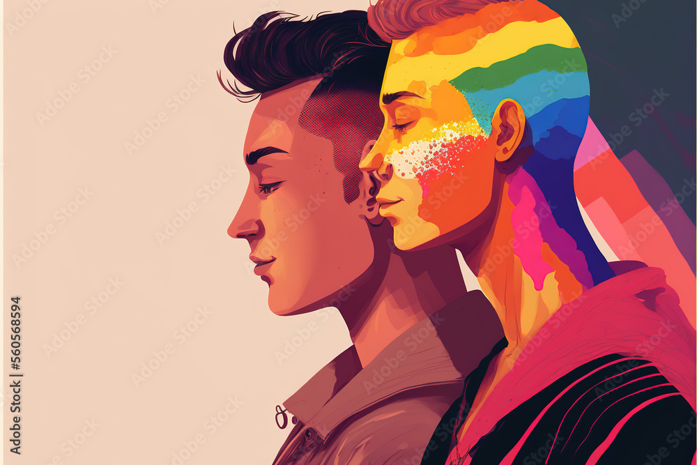 © QC Creations - Gay men illustration with rainbow colors, digital portraits style. Copy space. Generative AI © QC Creations - Gay men illustration with rainbow colors, digital portraits style. Copy space. Generative AI