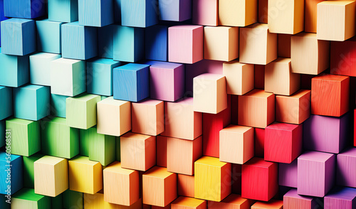 Colorful cubes of wood in 3D