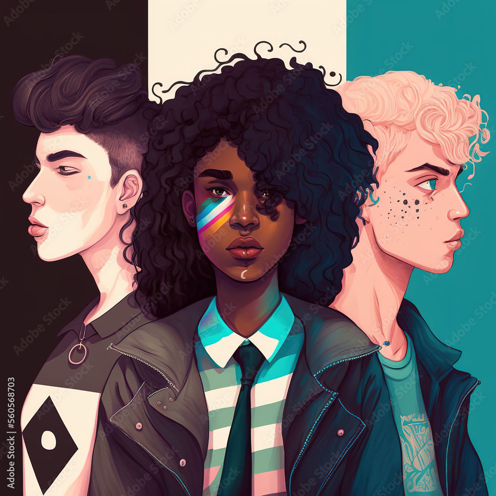 Gender queer characters, digital painting style portraits. Generative AI. Gender queer characters, digital painting style portraits. Generative AI.