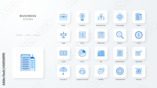 Business icon collection with blue duotone style. Corporate, currency, database, development, discover, document, e commerce. Vector illustration