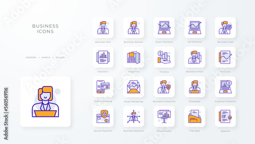 Business icon collection with purple and orange duotone style. Corporate  currency  database  development  discover  document  e commerce. Vector illustration