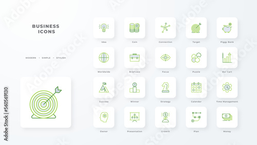 Business icon collection with green duotone style. Corporate, currency, database, development, discover, document, e commerce. Vector illustration