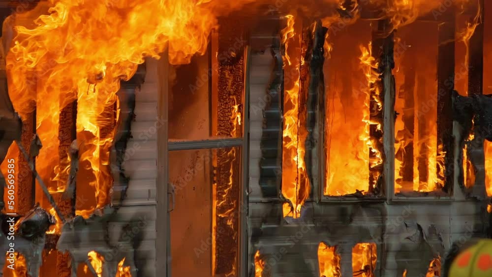 Large house fire ablaze with dangerous flames. Close up slow motion shot of a building on fire.