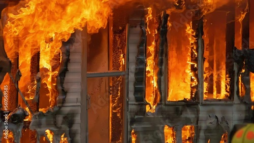 Large house fire ablaze with dangerous flames. Close up slow motion shot of a building on fire.