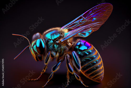 Generative AI: extreme close up of a fantasy bee, macro bright colors © justdd