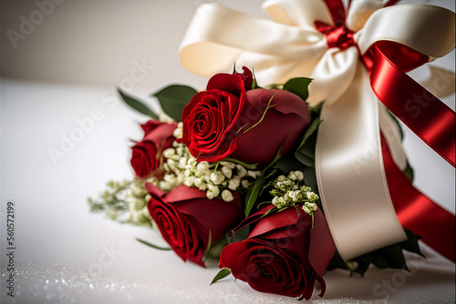 Bouquet di rose rosse per San Valentino con fiocchi bianchi su sfondo bianco generato dall'AI photo