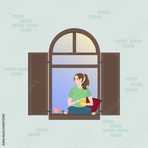 Happy girl with a book and a cup sits on the windowsill. Time for relaxation and rest. Flat vector illustration. For flyers and social media, website pages, brochures and books.