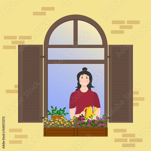 The girl in the window with a watering can waters the plants. Home flowers in boxes. Spring illustration. Vector. For brochures, books, promotional flyers and social media pages.