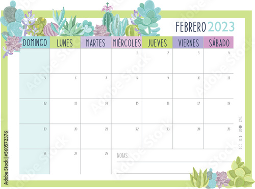 Calendario Planificador 2023 en Español - Tamaño A4 - Mes de Febrero