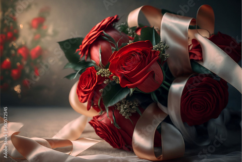 Papier peint Bouquet di rose rosse per San Valentino con fiocchi bianchi su sfondo bianco gen