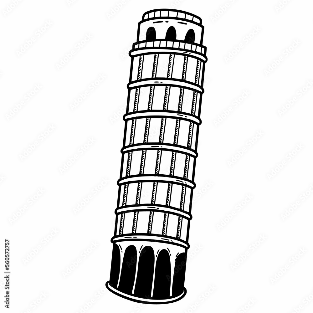 Leaning Tower of Pisa. Italian landmark. Vector doodle illustration. Sketch.