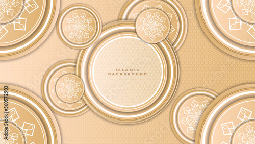 Abstract islamic ramadan background in gold color gradient. Ramadan kareem islamic greeting background with lantern, mosque and crescent moon