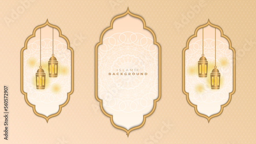 Abstract islamic ramadan background in gold color gradient. Ramadan kareem islamic greeting background with lantern, mosque and crescent moon